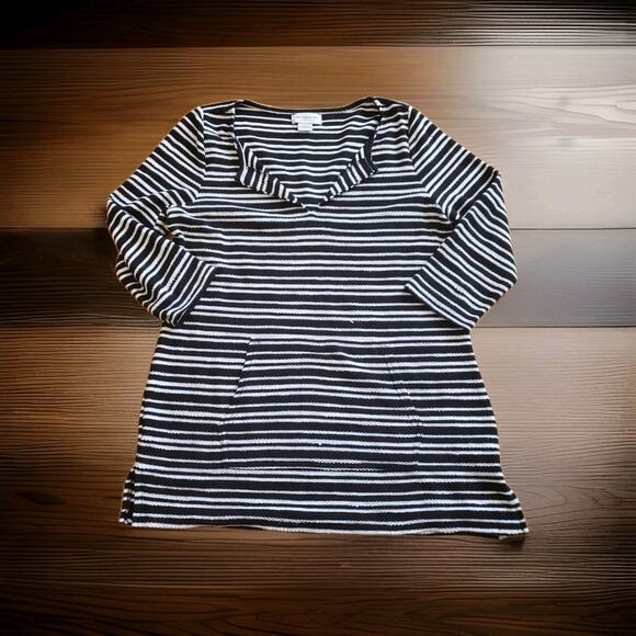 Liz Claiborne Weekend Striped Tunic Top Women’s M Black White 3/4 Sleeve V-Neck - Picture 1 of 8